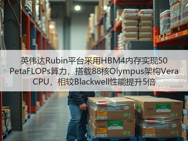 英伟达Rubin平台采用HBM4内存实现50 PetaFLOPs算力，搭载88核Olympus架构Vera CPU，相较Blackwell性能提升5倍(图2)