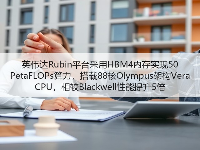 英伟达Rubin平台采用HBM4内存实现50 PetaFLOPs算力，搭载88核Olympus架构Vera CPU，相较Blackwell性能提升5倍(图1)